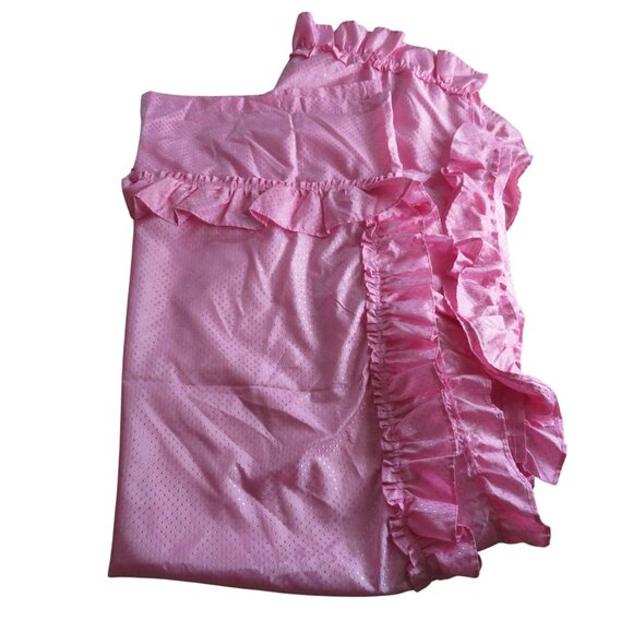 Pink Ruffled Panel Fabric Shower Curtain Textured Triangle Design with Tie Backs - Picture 3 of 7
